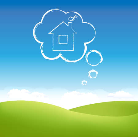 Cloud House In Air Over Grass Field, Vector Illustrationのイラスト素材
