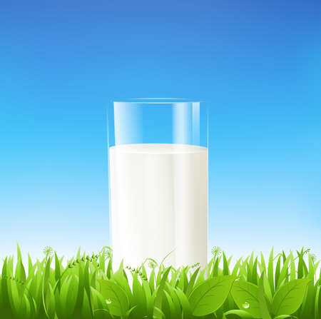 Vektor für Glass Of Milk In Grass And Blue Sky. - Lizenzfreies Bild