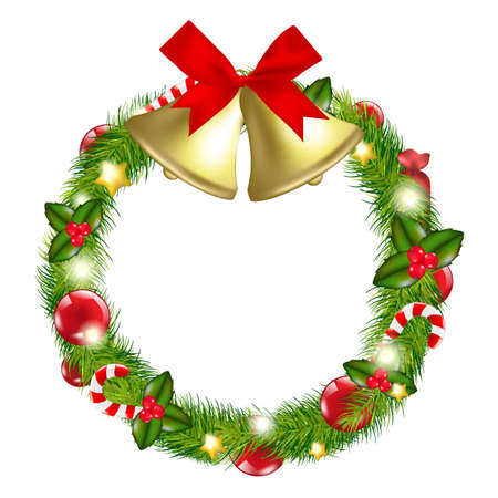 Merry Christmas Wreath With Bells, Isolated On White Background, Illustrationのイラスト素材