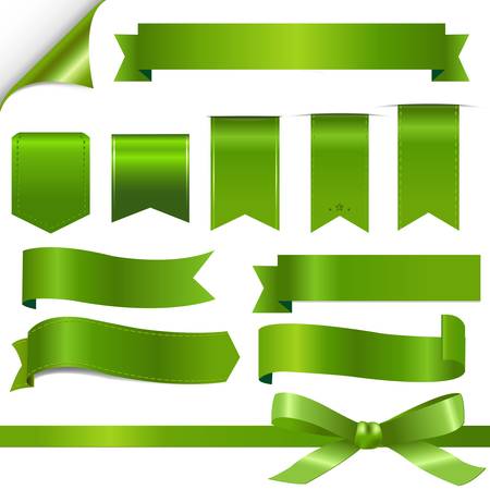 Green Ribbons Set, Isolated On White Background, Vector Illustrationのイラスト素材