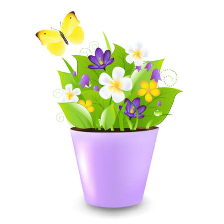 Lilac Pot With Flowers And Butterfly Illustrationのイラスト素材