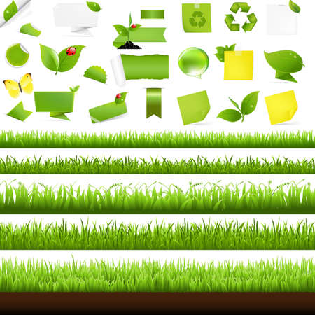 Big Nature Set With Grass Border, Isolated On White Background, Vector Illustrationのイラスト素材