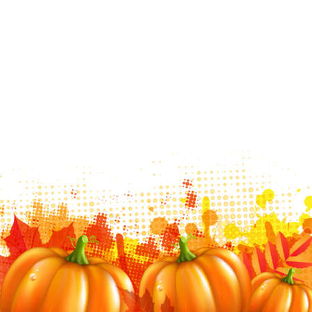 Orange With Blobs Autumn Leafs And Pumpkins, Vector Illustrationのイラスト素材