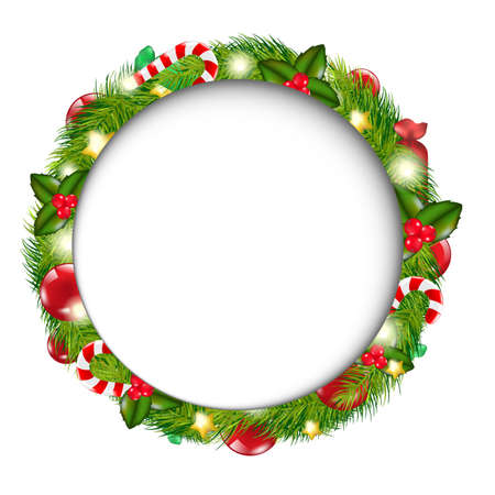 Merry Christmas Speech Bubble With Wreath, Isolated On White Background, Illustrationのイラスト素材