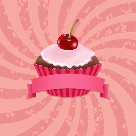 Cupcake With Cream Cherry And Sunburst With Gradient Mesh, Vector Illustrationのイラスト素材