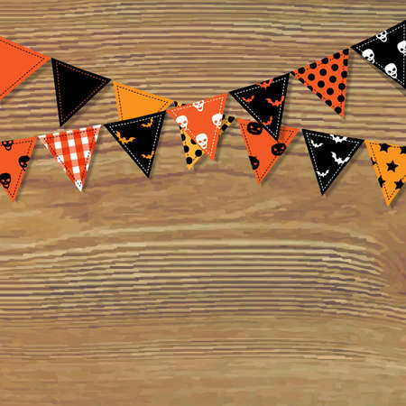 Halloween Bunting Flags With Wood Background, Vector Illustrationのイラスト素材