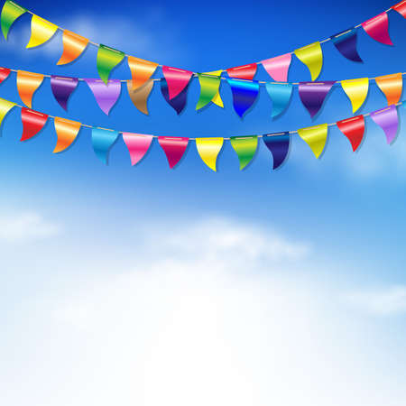 Bunting Birthday Flags With Sky With Gradient Mesh, Illustrationのイラスト素材