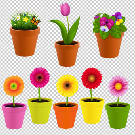 Flower In Pot Collection Gradient Mesh, Vector Illustrationのイラスト素材