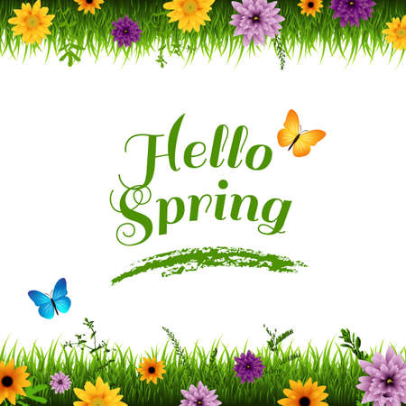 Grass And Flowers Border With Butterfly With Gradient Mesh, Vector Illustrationのイラスト素材