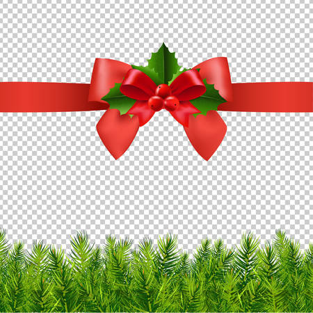 Red Ribbon With Holly Berry And Firtree Transparent Background With Gradient Mesh, Vector Illustrationのイラスト素材