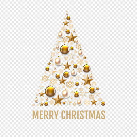 Christmas Tree With Golden Christmas Toys And Stars transparent Background With Gradient Mesh, Vector Illustrationのイラスト素材