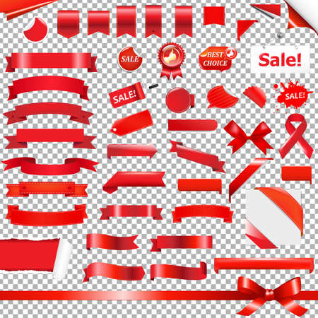 Big Red Ribbon Set, Isolated on Transparent Background, With Gradient Mesh, Vector Illustrationのイラスト素材