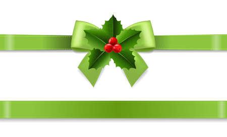 Christmas Ribbon With Holly Berry background With Gradient Mesh, Vector Illustrationのイラスト素材
