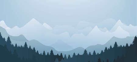 Panoramic View Of The Mountain Landscape And Fur Tree With Gradient Mesh, Vector Illustration.の写真素材