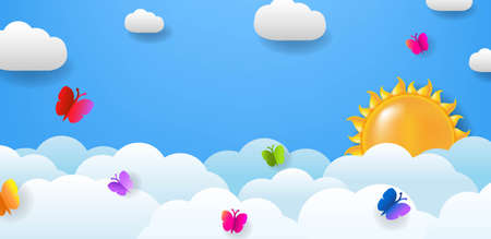 Banner With Cloud And Butterfly And Sun With Gradient Mesh, Vector Illustrationのイラスト素材