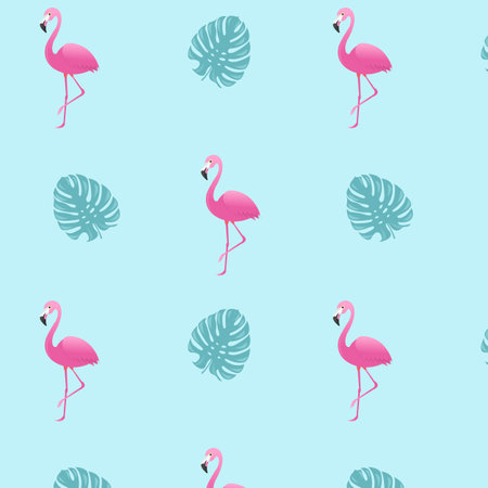 Seamless Pattern With Leaves And Flamingo With Gradient Mash, Vector Illustrationのイラスト素材