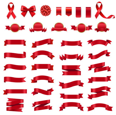 Big Set Symbol And Red Ribbon With Gradient Mesh, Vector Illustrationのイラスト素材