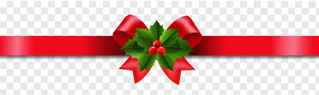 Red Ribbon With Holly Berry Transparent Background With Gradient Mesh, Vector Illustrationのイラスト素材