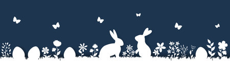 Happy Easter Border With Flower And Rabbit Blue Background With Gradient Mesh, Vector Illustration