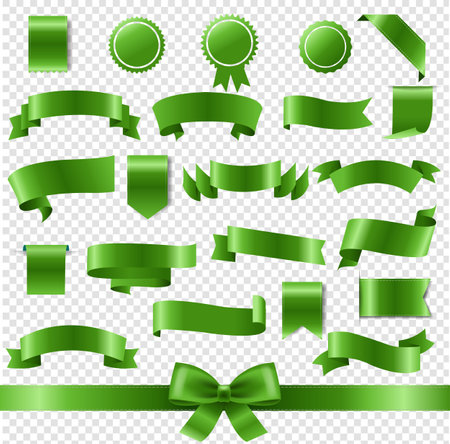 Set Green Silk Ribbons Isolated Transparent Background With Gradient Mesh, Vector Illustrationのイラスト素材