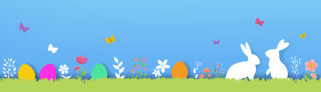 Happy Easter Border With Flower And Rabbits With Gradient Mesh, Vector Illustrationのイラスト素材
