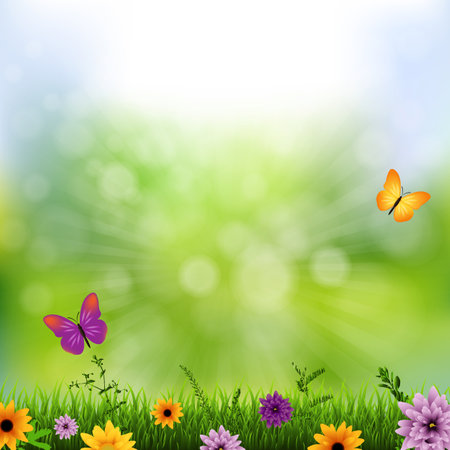 Green Nature Background With Grass And Flowers With Gradient Mesh, Vector Illustrationの写真素材