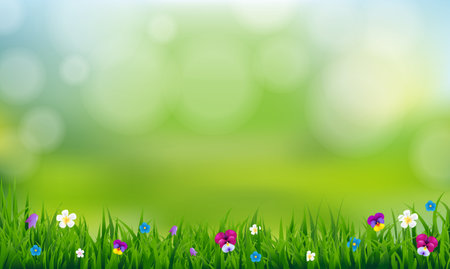Green Nature Background With Flowers With Gradient Mesh, Vector Illustrationの写真素材