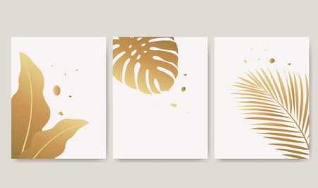 Paper Banner With Golden Tropical Leaves Shadow Mockup With Gradient Mesh, Vector Illustrationのイラスト素材