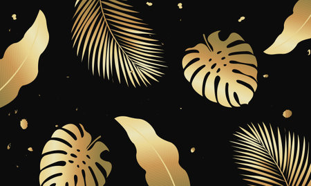 Black Banner With Golden Tropical Leaves With Gradient Mesh, Vector Illustrationのイラスト素材