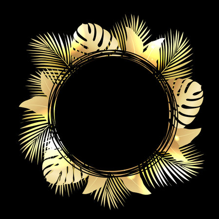 Golden Tropical Leaves And Poster With Black Background , Vector Illustrationの写真素材