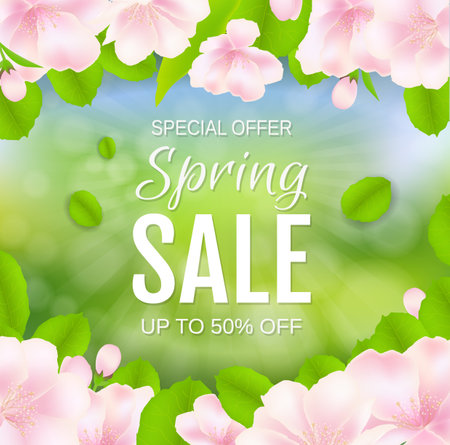 Spring Sale Poster Flowers Background With Gradient Mesh, Vector Illustrationの写真素材