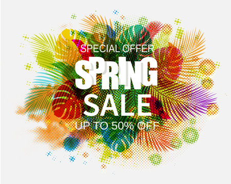 Sale Poster With Palm Tree Leaves Isolated White Background With Gradient Mesh, Vector Illustrationの写真素材