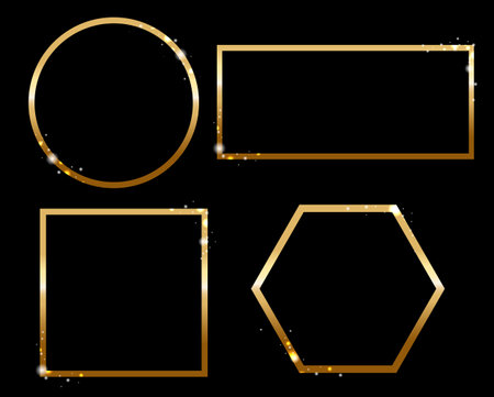 Golden Frame Set With Isolated Black Background, Vector Illustrationのイラスト素材