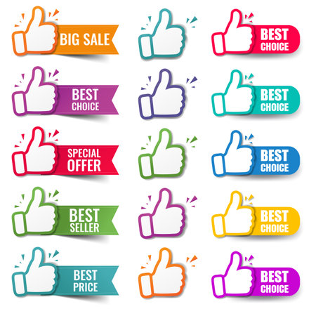 Hand Banners Set Recommended With Thumbs Up And White Background With Gradient Mesh, Vector Illustrationの写真素材