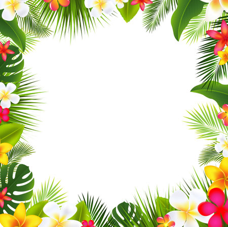 Tropical Palm Leaves Frame Poster With Gradient Mesh, Vector Illustrationの写真素材