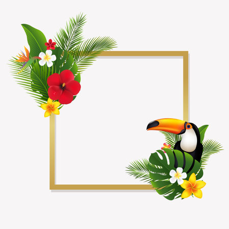 Palm Tree Leaves And Flowers Golden Frame With Gradient Mesh, Vector Illustrationの写真素材