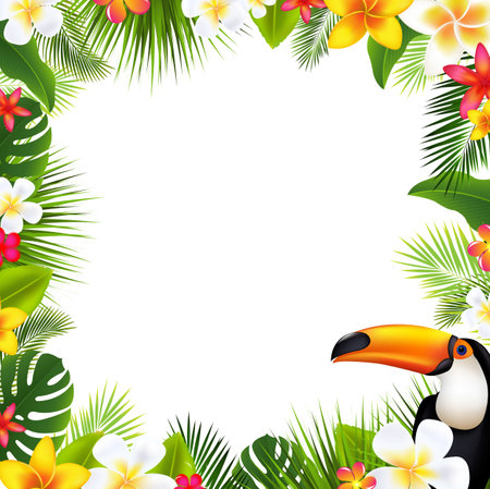 Tropical Palm Leaves Frame And Toucan With Gradient Mesh, Vector Illustrationの写真素材