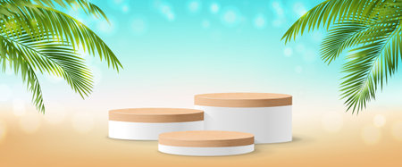 Pedestal With Green Palm Leaf And Sale Backgroundの写真素材