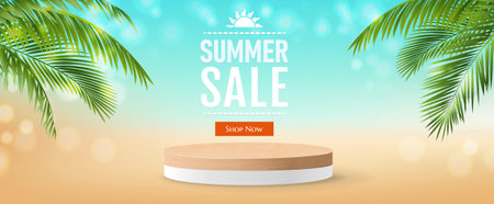 Sale Poster lWith Green Palm Leaves With Gradient Mesh, Vector Illustrationの写真素材