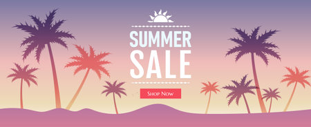 Tropical Sale Banner With Tropical Tree And Sun With Gradient Mesh, Vector Illustrationのイラスト素材
