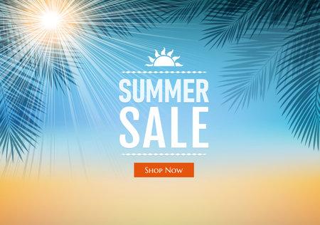 Tropical Sale Banner With Tropical Leaves And Sun With Gradient Mesh, Vector Illustrationの写真素材