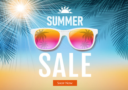 Sale Banner With Tropical Leaves And Sun With Gradient Mesh, Vector Illustrationの写真素材
