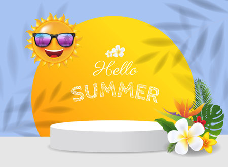 Pedestal With Yellow ball And Tropical Leaves And Sun Banner With Gradient Mesh, Vector Illustrationの写真素材