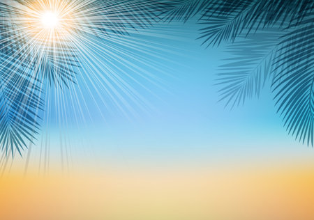 Tropical Summer Banner With Tropical Leaves And Sun With Gradient Mesh, Vector Illustrationの写真素材