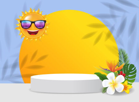 Pedestal With Yellow ball And Tropical Leaves Sale Banner With Gradient Mesh, Vector Illustrationの写真素材