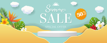 Sale Poster With Tropical Palm Tree Leaf With Gradient Mesh, Vector Illustrationの写真素材