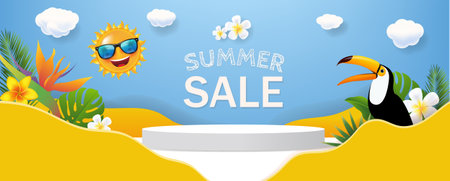 Summer Sale Banner With Tropical Palm Tree With Gradient Mesh, Vector Illustrationの写真素材