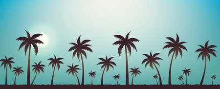 Panorama Palm Tree Nature Background With Gradient Mesh, Vector Illustrationのイラスト素材