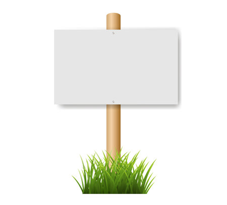 Wooden Sign And Grass Isolated White Background With Gradient Mesh, Vector Illustrationのイラスト素材