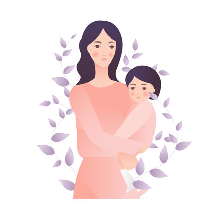 Baby And Woman And Leaves, Vector Illustrationのイラスト素材